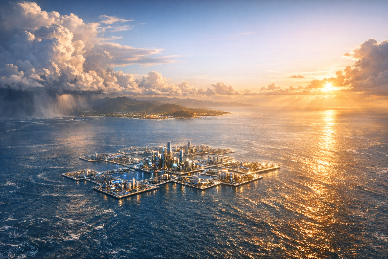 Aerial visualization of floating megacity off Puerto Rico